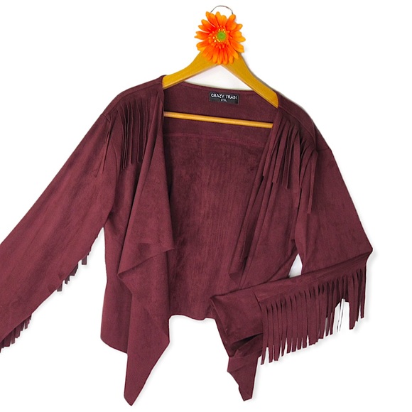 Crazy Train Jackets & Blazers - Crazy Train Calamity Jane Fringe Jacket Size XXL Maroon Faux Suede Open Western